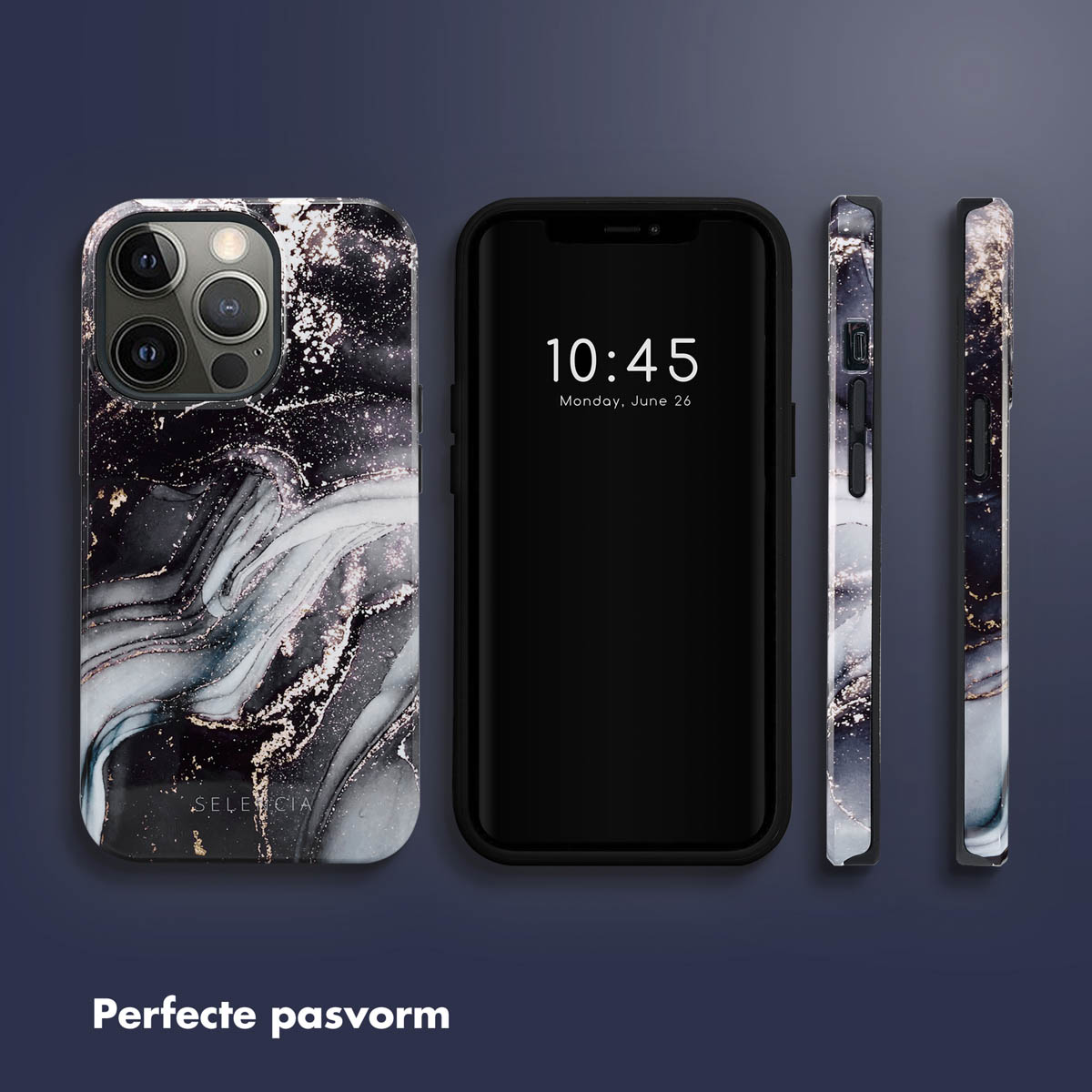 Coque de téléphone marbrée avec téléphone à l'intérieur. Trois côtés sont visibles.