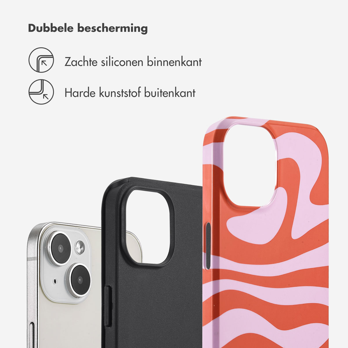Drie telefoonhoesjes in verschillende ontwerpen en kleuren.