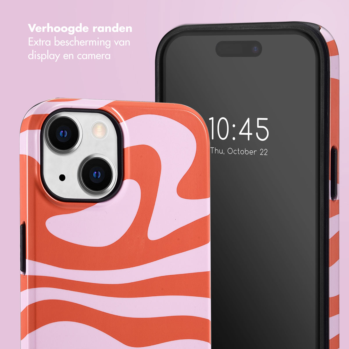 Telefoonhoesje met een oranje en wit ontwerp, en een zwarte telefoon die de tijd weergeeft.