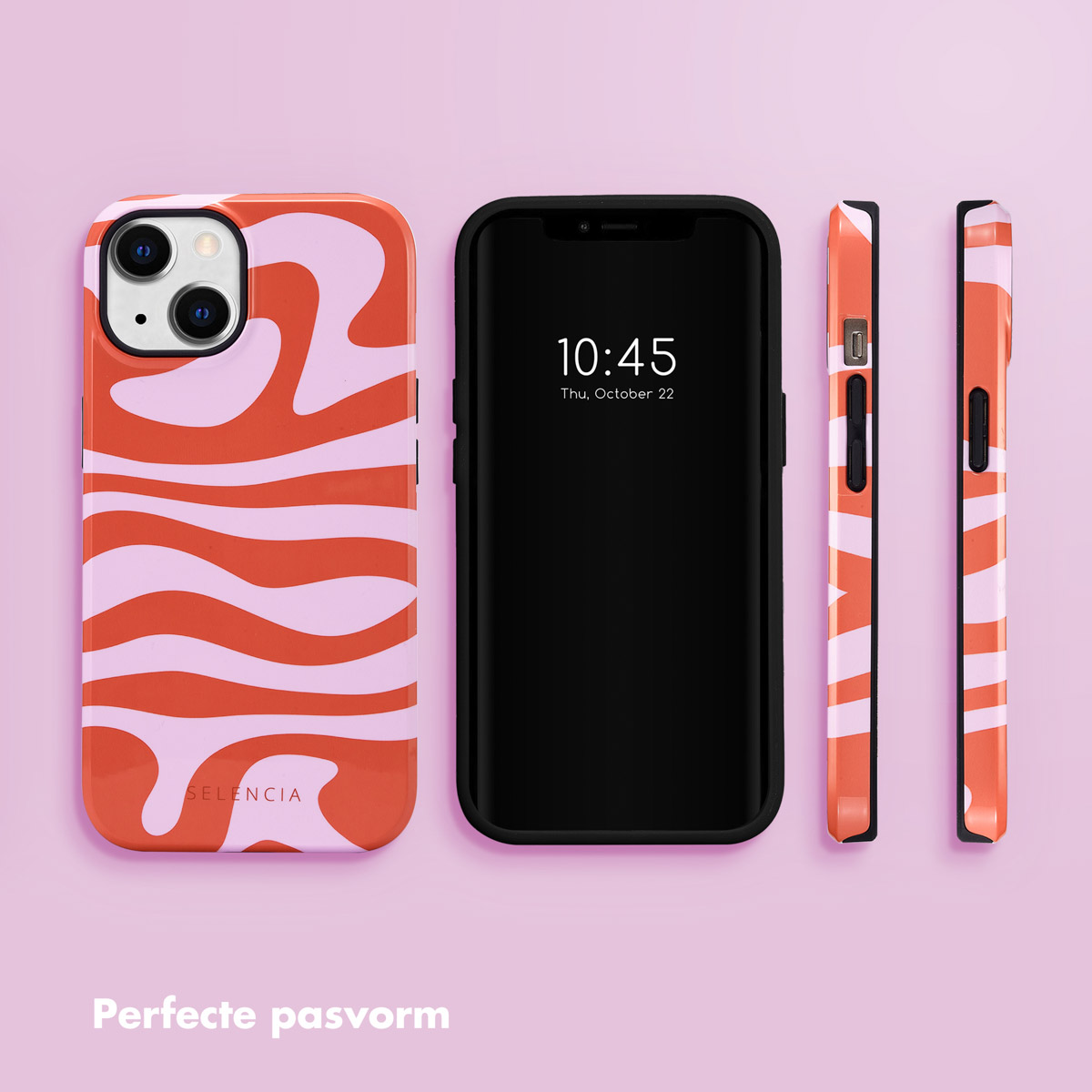Een iPhone met een oranje en roze patroonhoes en twee andere weergaven van de hoes.