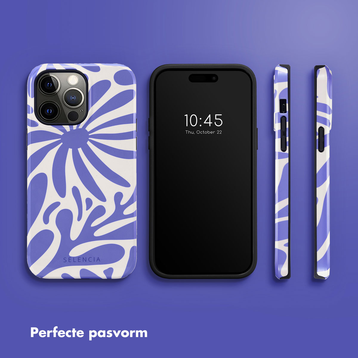 Telefoon met blauw bloemenprint telefoonhoesje. Tekst: Perfecte pasvorm.