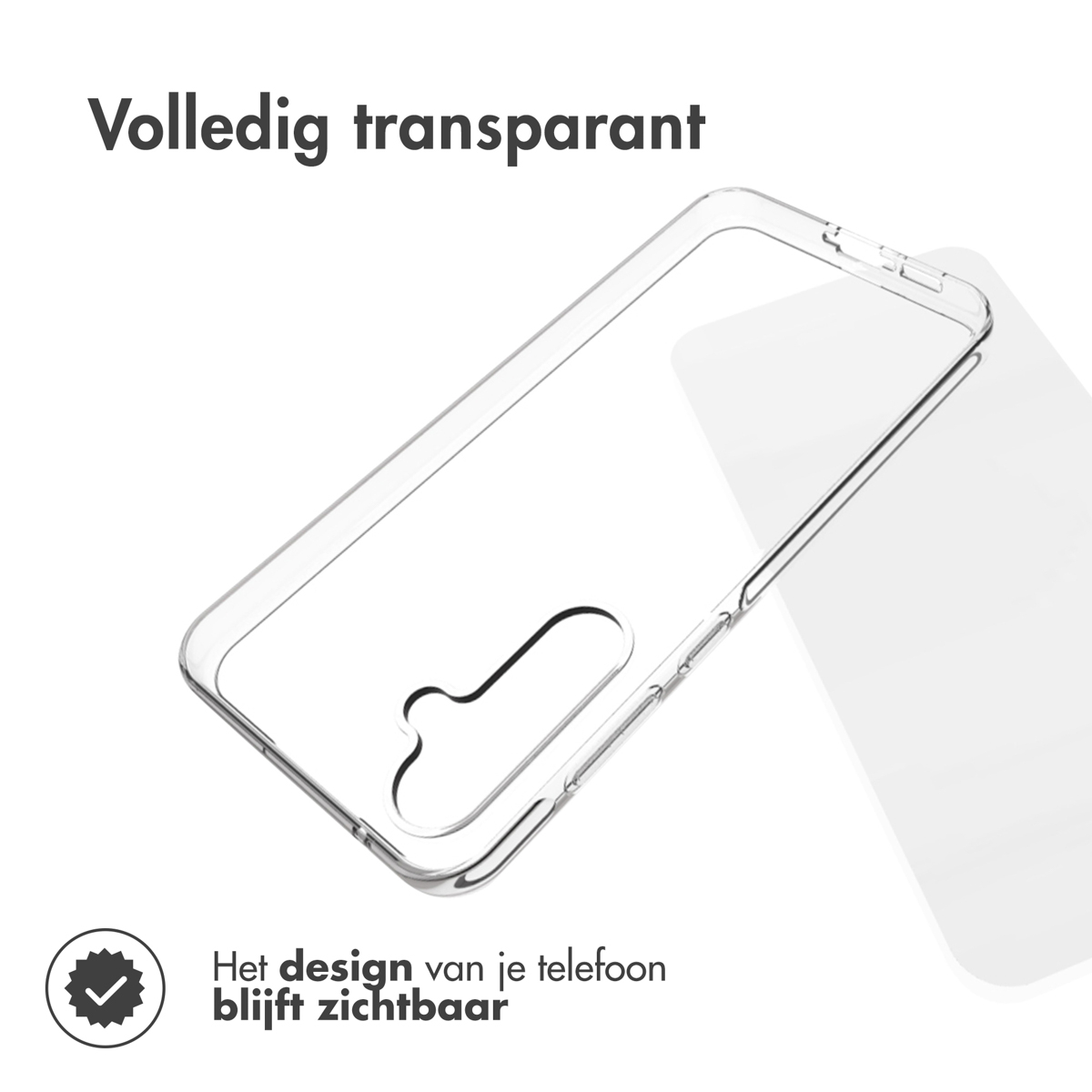 Custodia trasparente con un telefono dentro. Il design del telefono è visibile.