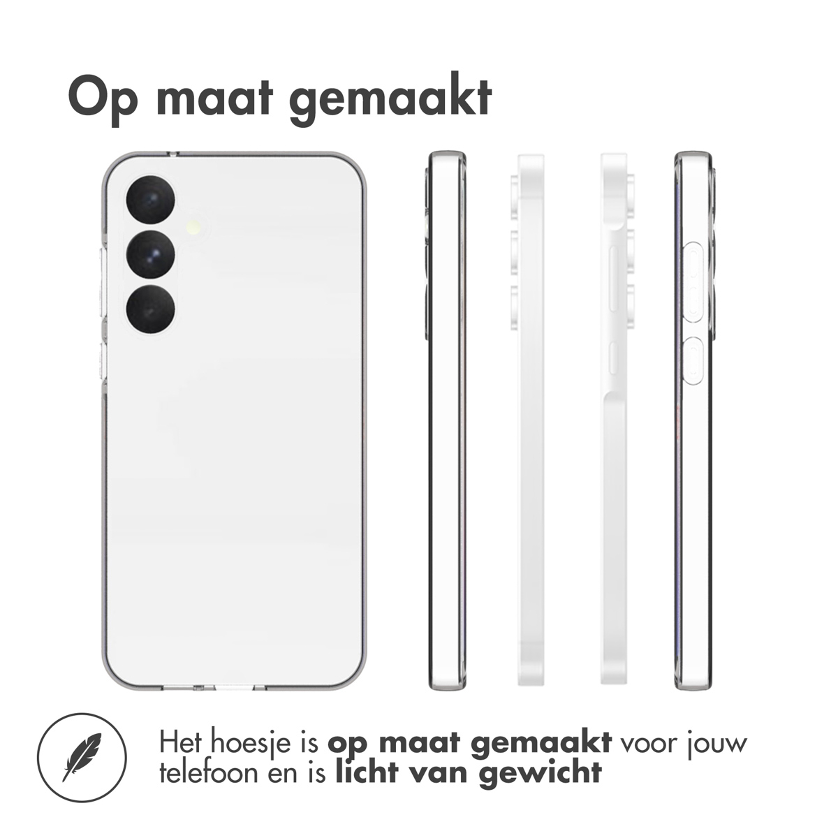 Coque de téléphone blanche avec téléphone à l'intérieur, différents angles. Texte: 'Op maat gemaakt'.