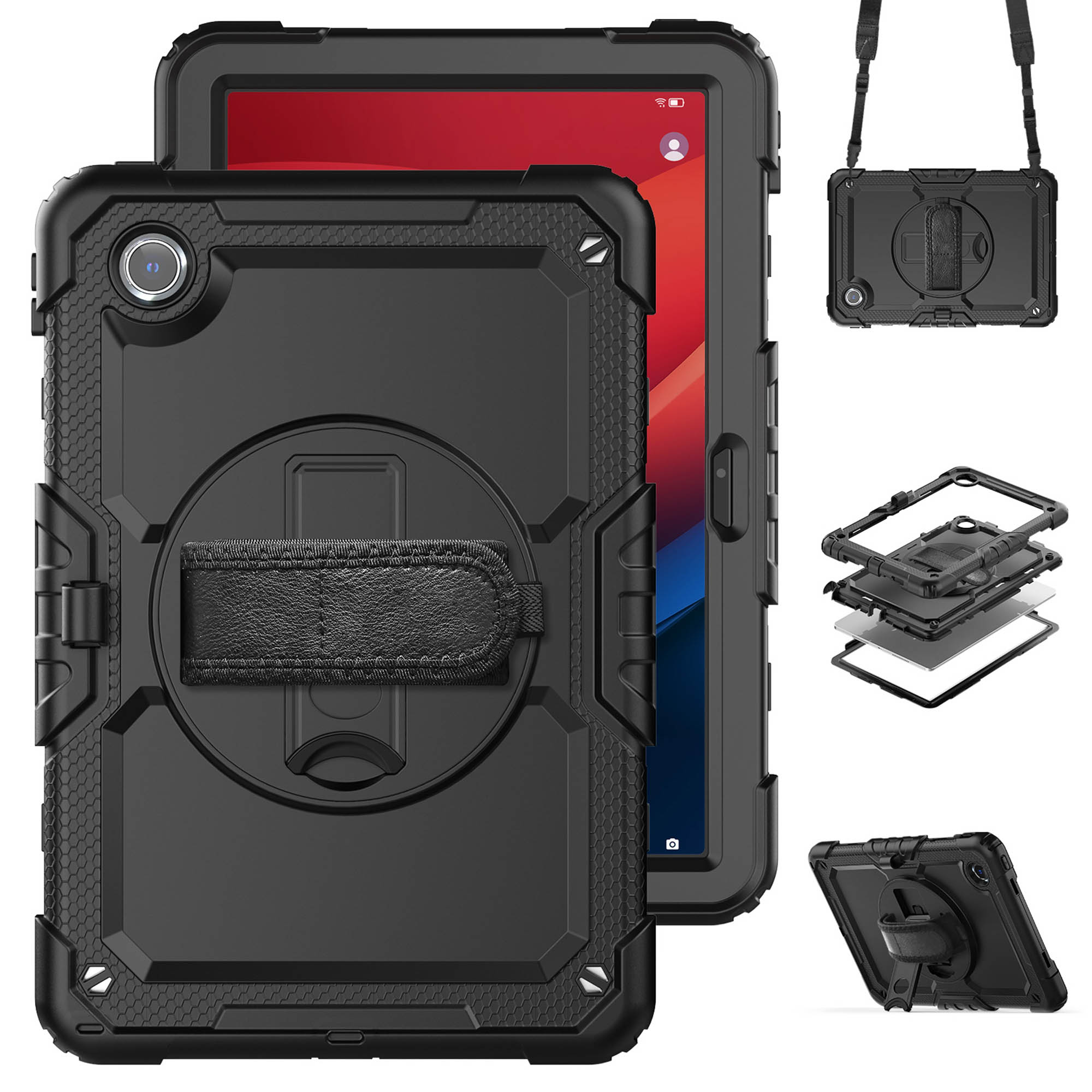 Étui de tablette noir avec sangle noire et stylet, différentes vues de l'étui et de la tablette.