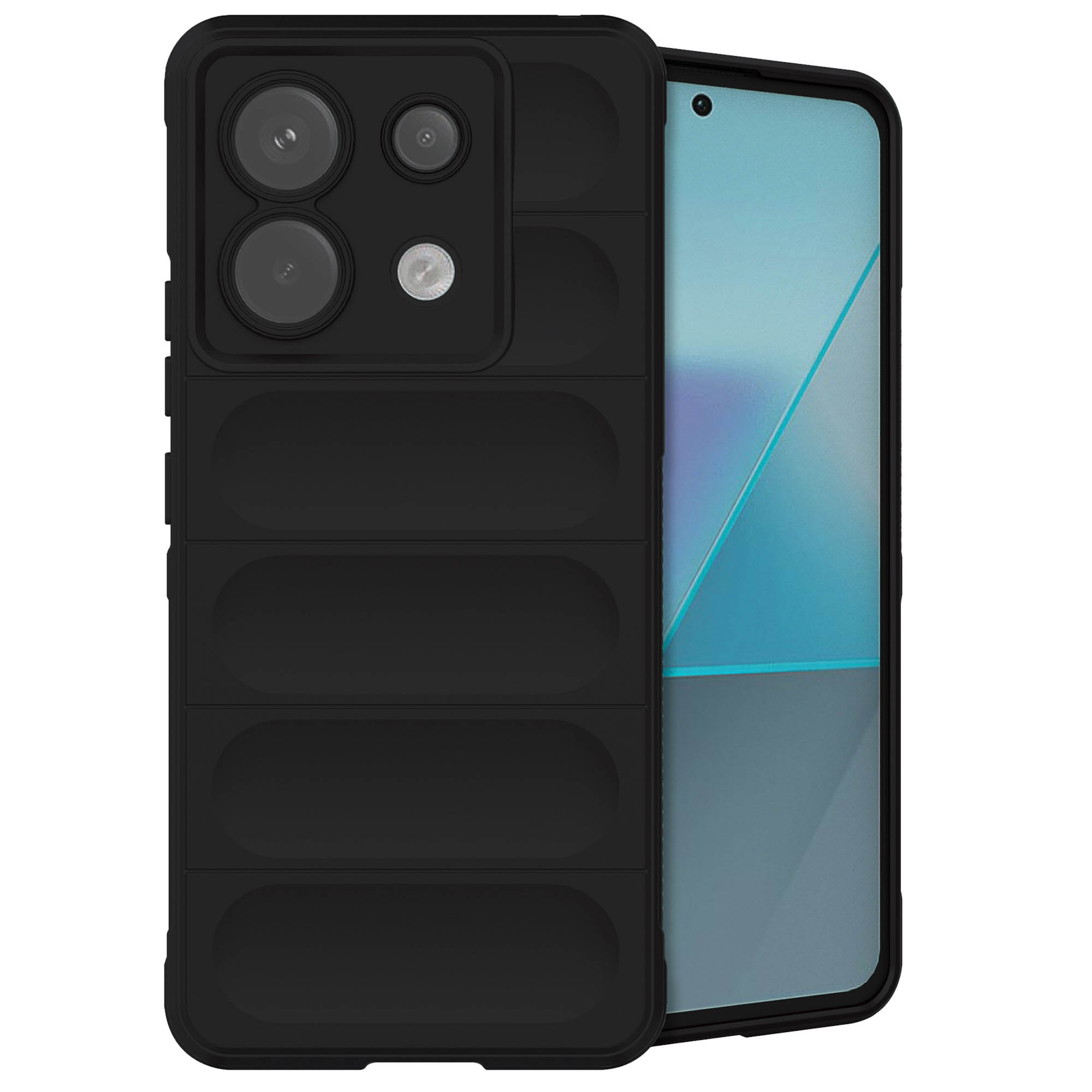 Zwarte telefoonhoes met meerdere cameralenzen en een telefoonscherm.