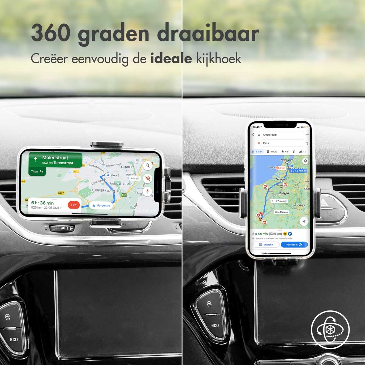 Car dashboard with phone in holder showing navigation. Text: 360 degree rotation to create the ideal viewing angle.