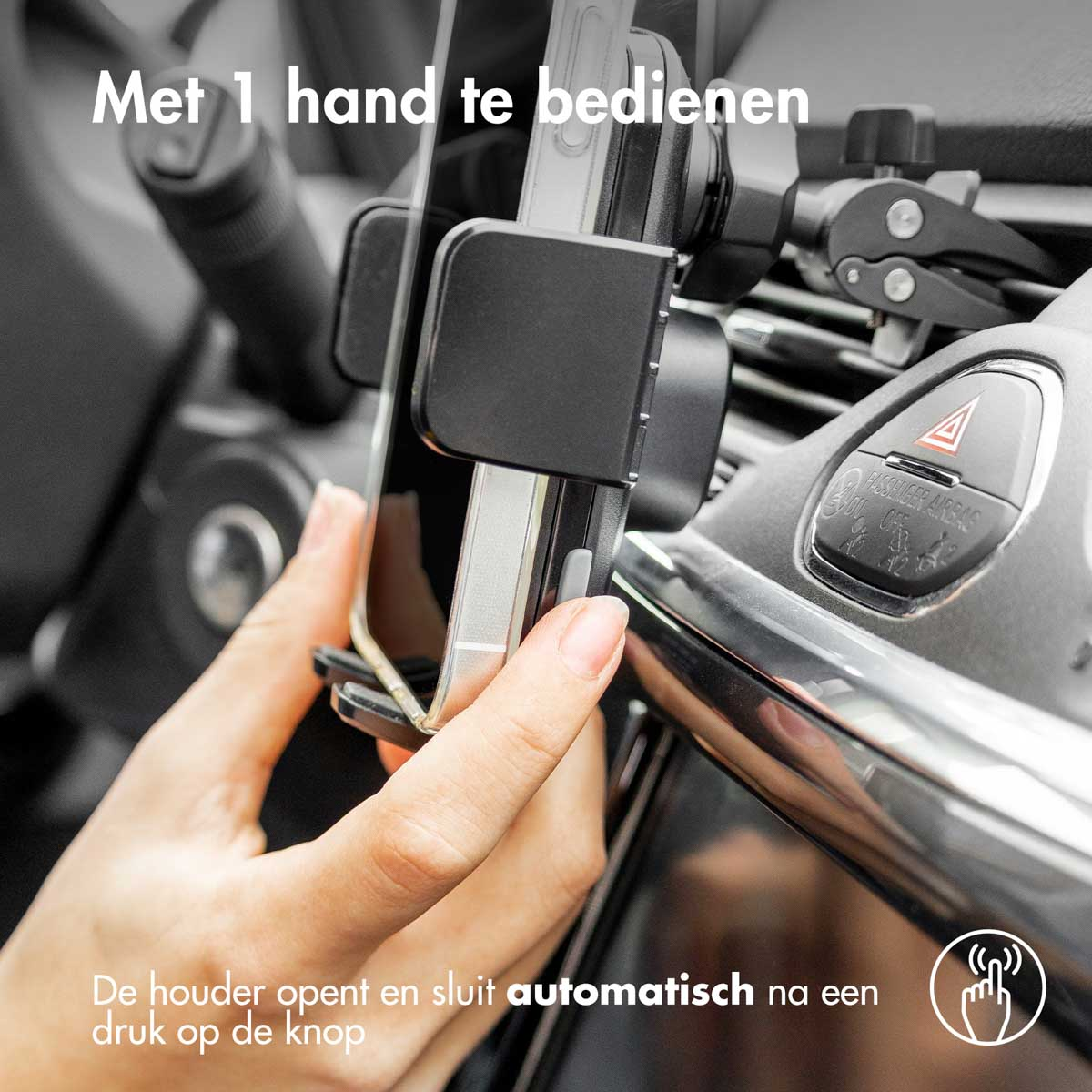 Person's hand using a phone holder in a car. Text says, easy to operate with one hand.