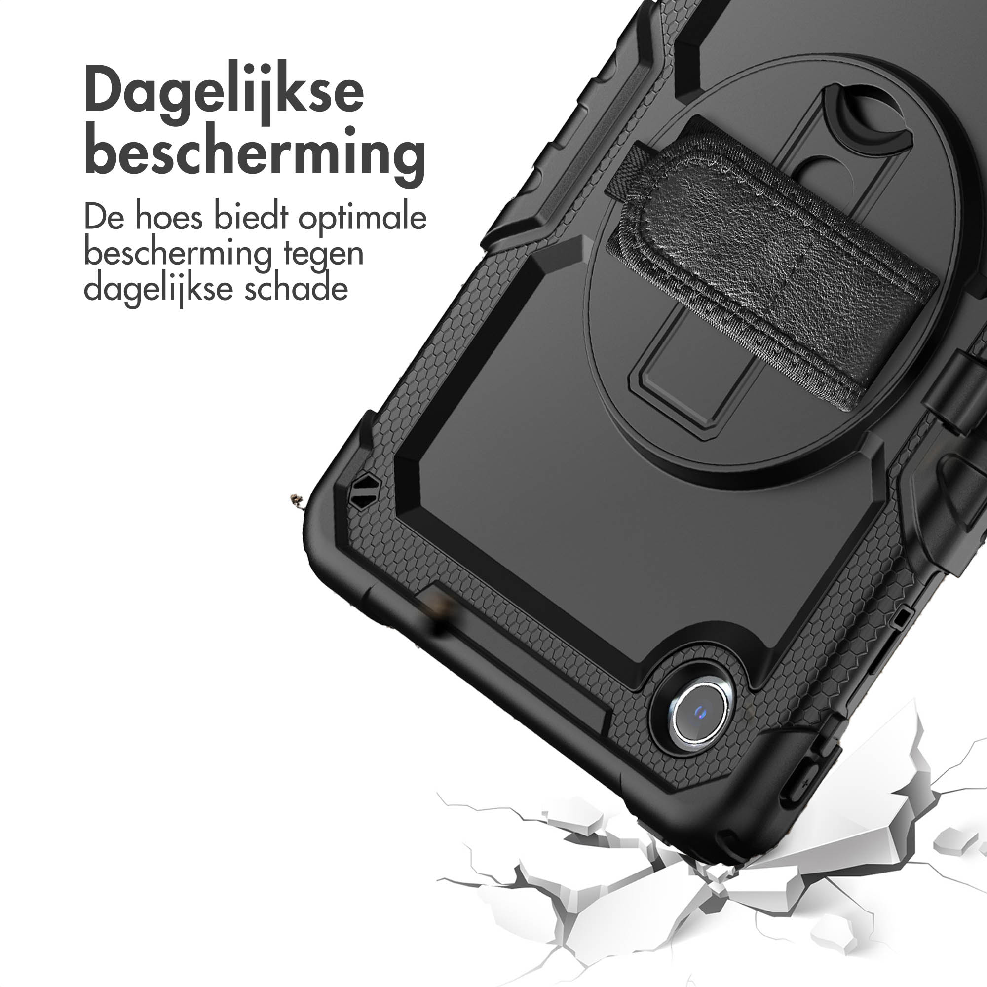 Étui de tablette noir avec sangle et tablette. Texte : Protection quotidienne.