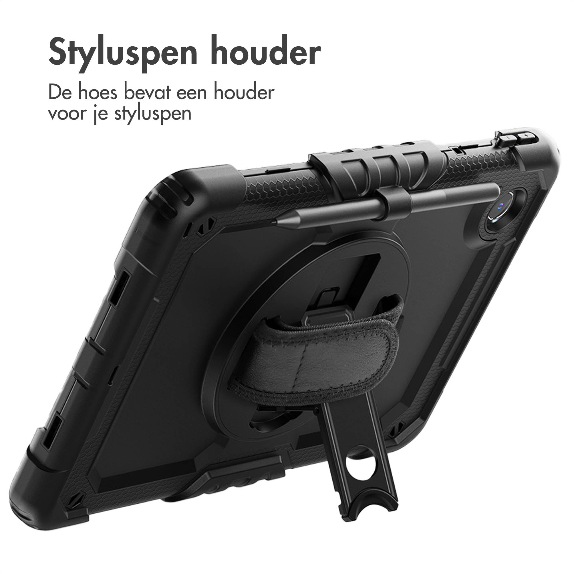 Étui de tablette noir avec porte-stylet et support. Le stylet est inséré.