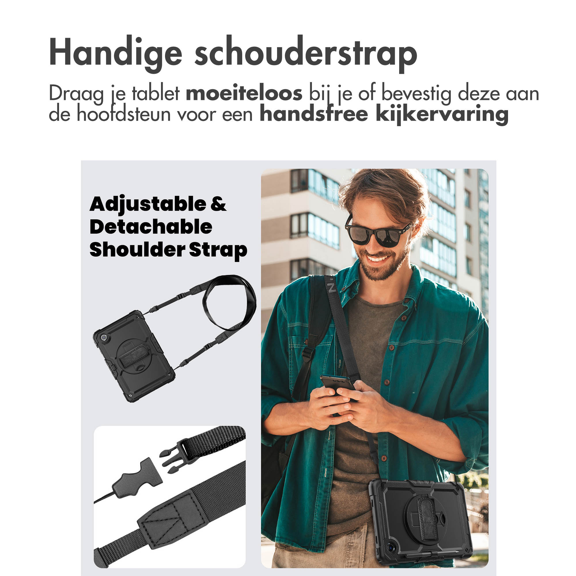 Homme portant des lunettes de soleil tenant un téléphone avec une tablette et une sangle. La tablette est noire, avec une sangle.