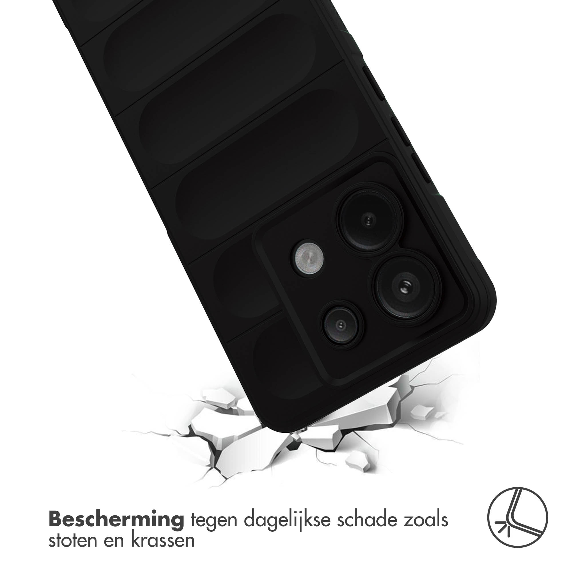Telefoonhoesje met een zwart ontwerp. Het hoesje valt. De achtergrond is wit en kapot.