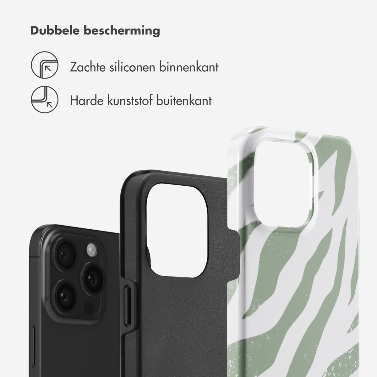 Zwarte telefoon met twee beschermhoezen. Linker hoes, rechter hoes met patroon.