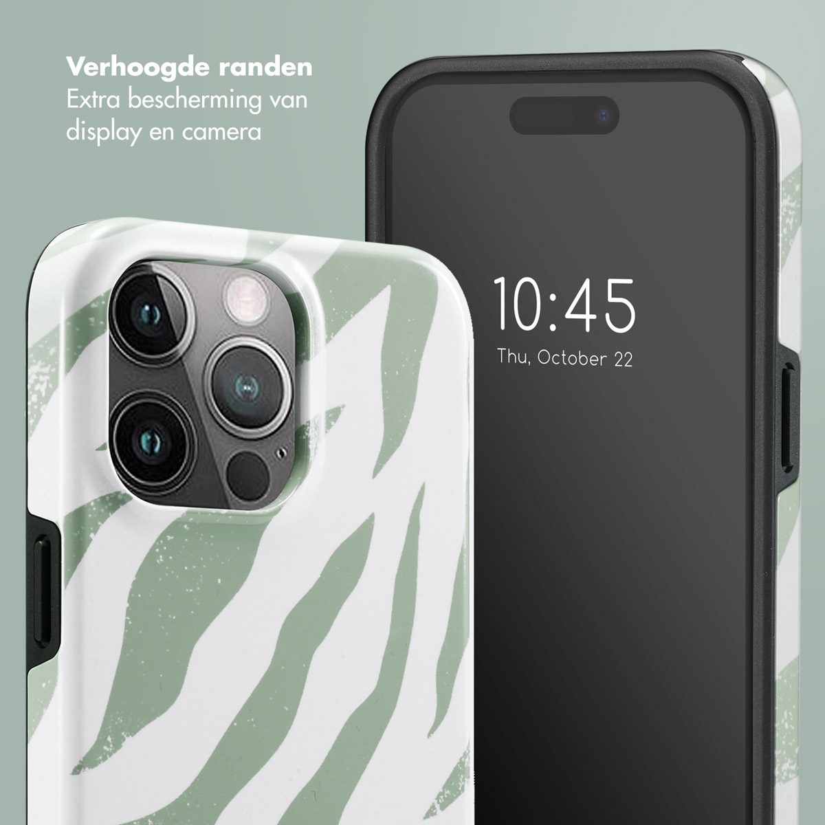 Twee smartphones. Eén met een groen-witte zebra-gestreepte hoes, de andere met een zwart scherm waarop tijd en datum staan.