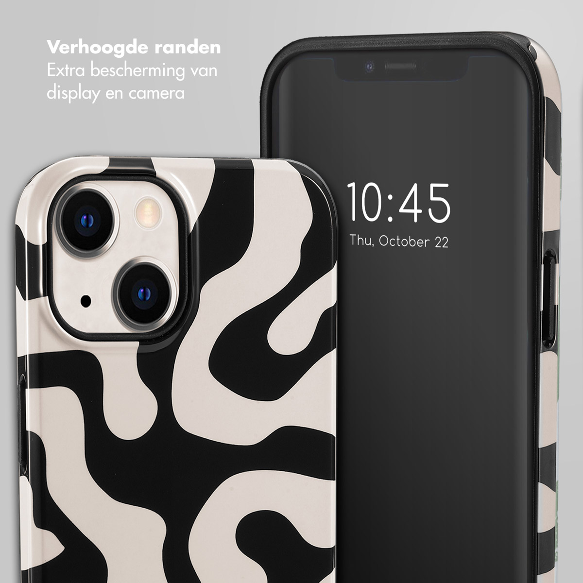 Un téléphone avec un motif noir et blanc et l'heure affichée à l'écran.