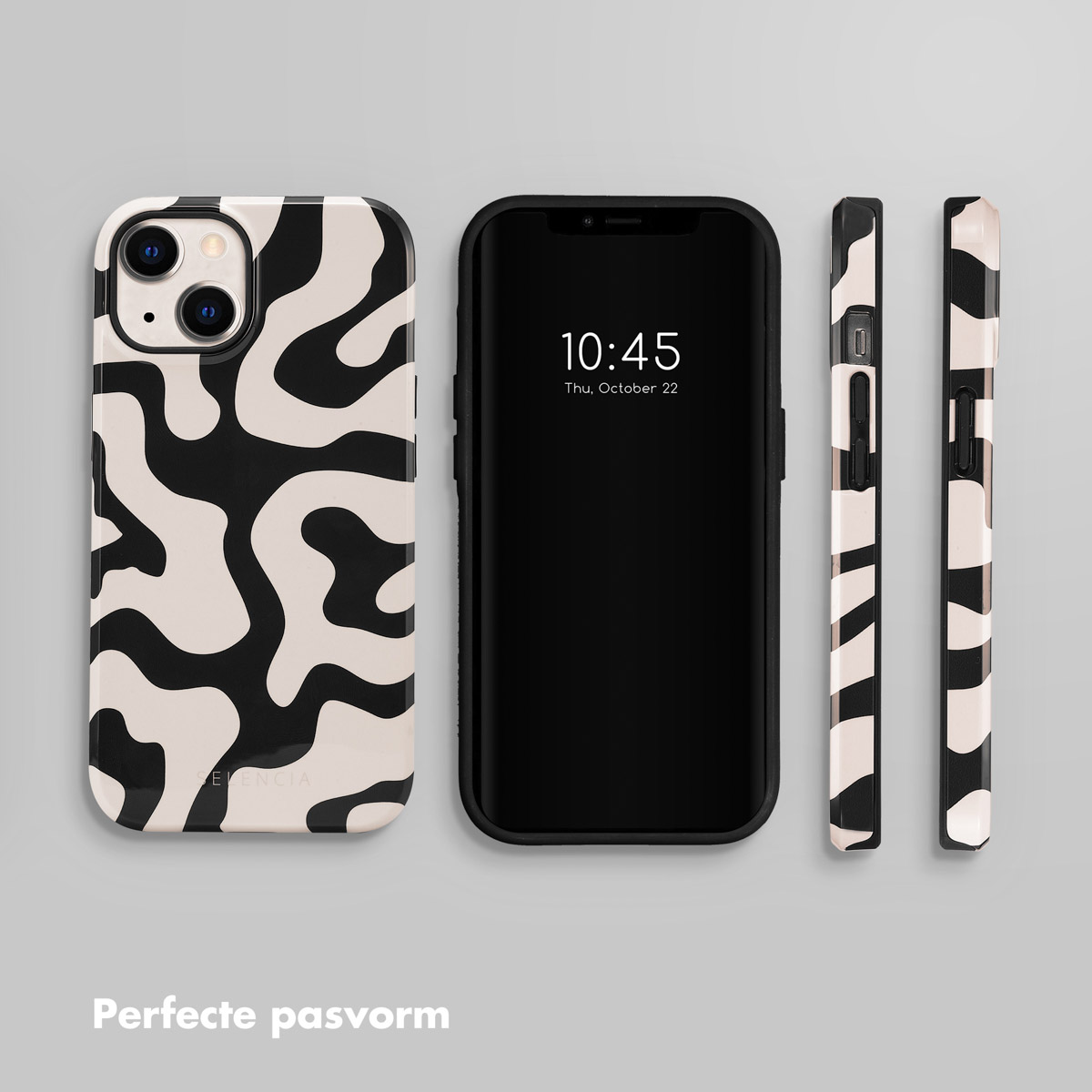 Coque de téléphone à motif abstrait noir et blanc, à côté d'un smartphone.