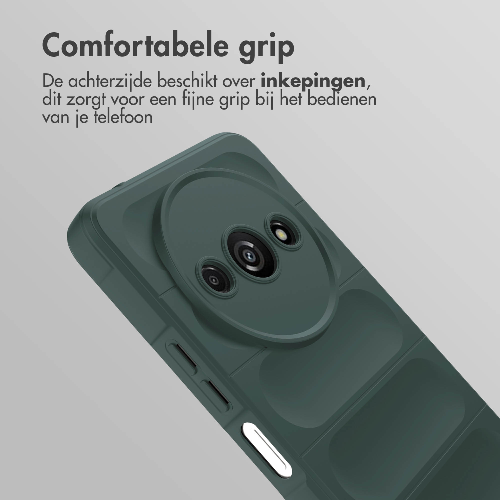 Donkergroene telefoonhoes met afgeronde camerasectie en witte knop.