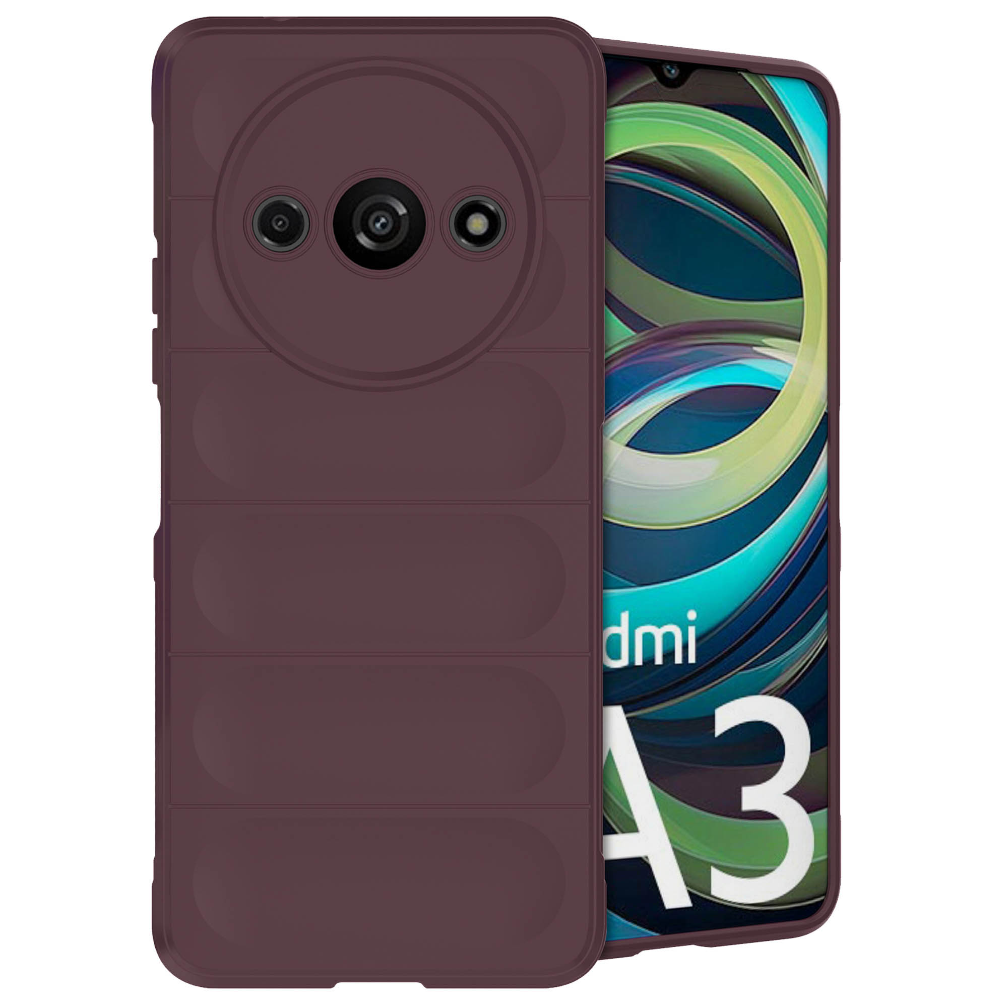 Een bordeauxrode telefoonhoes met een telefoon erin. De hoes heeft een uniek design.