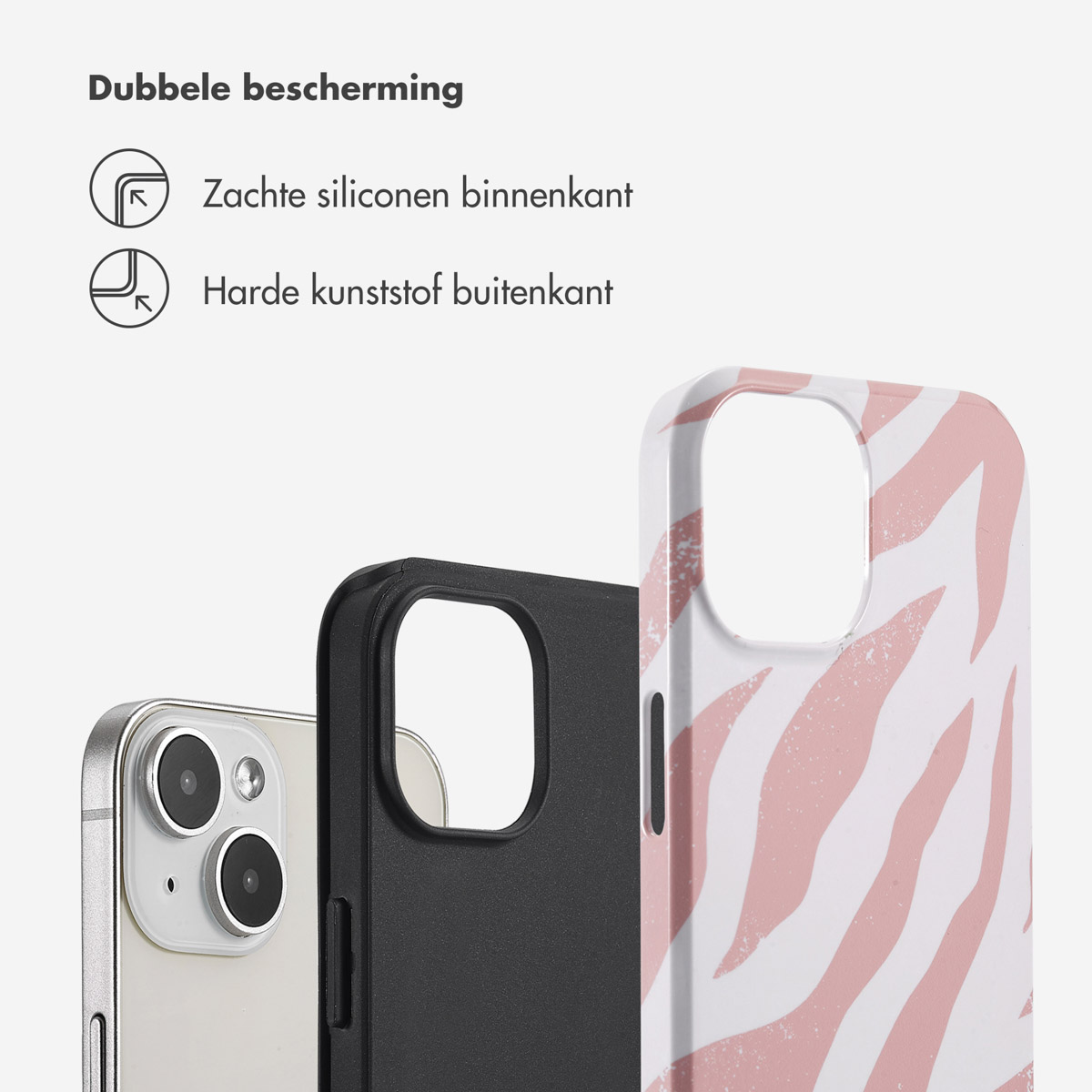 Telefon, schwarze Hülle und Handyhülle mit rosa Zebraprint. Text: Doppelter Schutz, weiches Silikon innen, hartes Plastik außen.