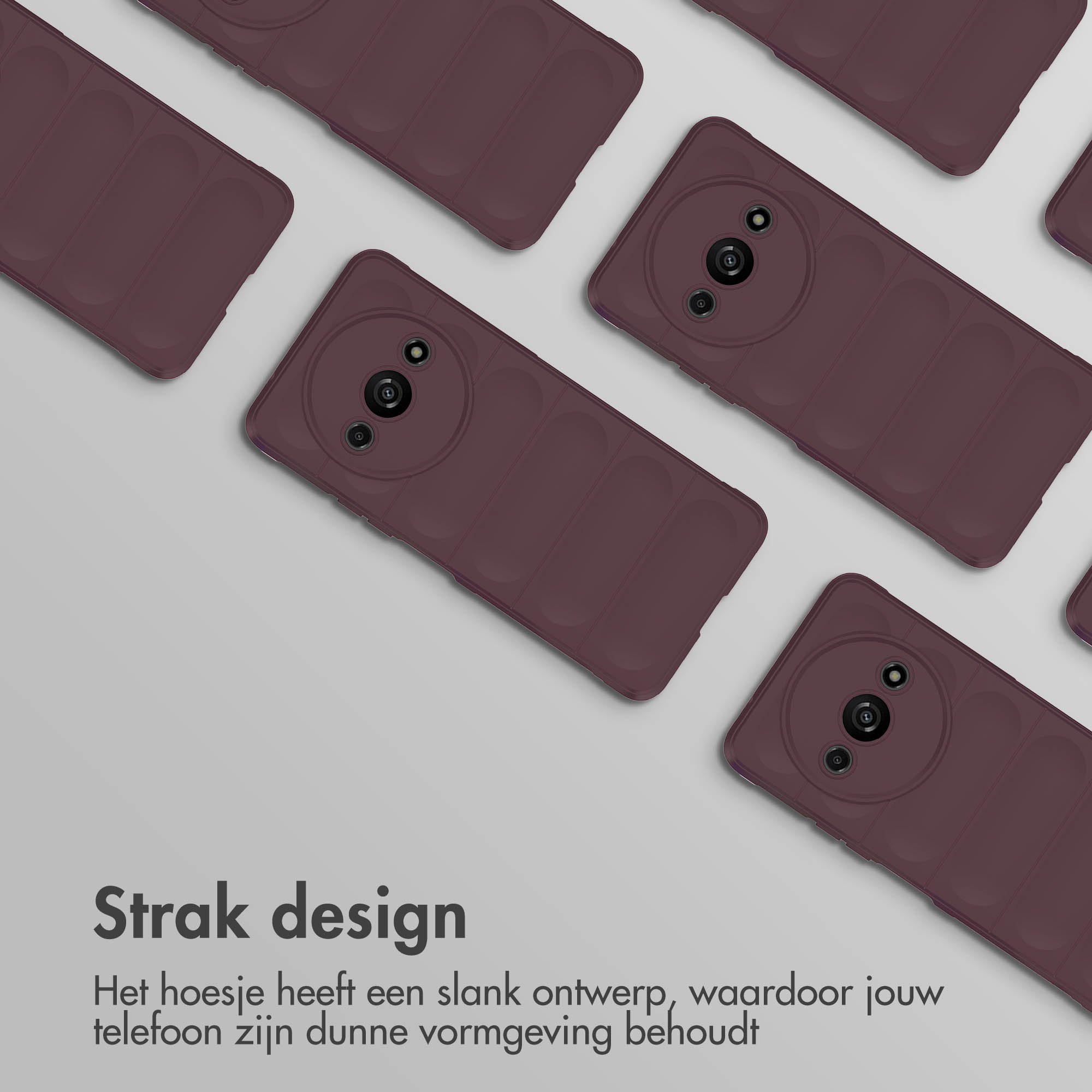 Meerdere bordeaux telefoonhoesjes gerangschikt, met een strak design en de vorm van de telefoon.