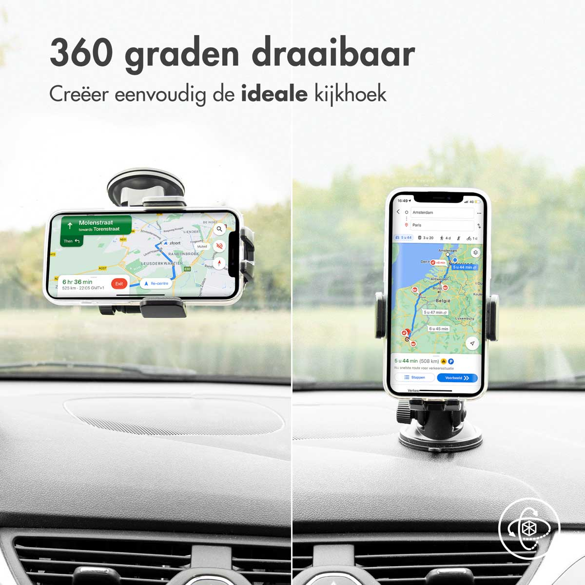 Two phones in car mounts, displaying navigation maps. One shows Molenstraat, the other Amsterdam. Both on a car dashboard.
