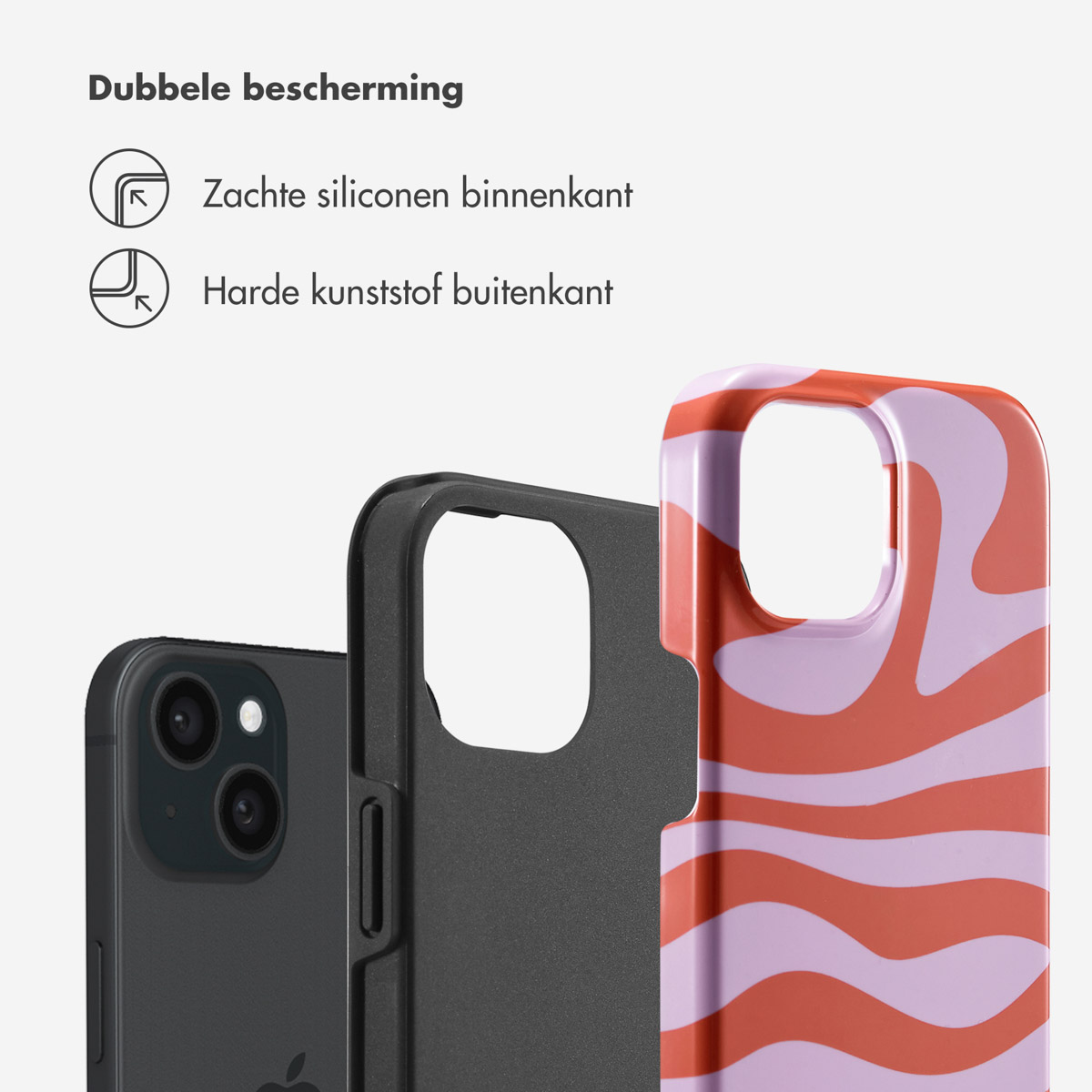 Deux coques de téléphone : une noire et une à motif orange et violet.