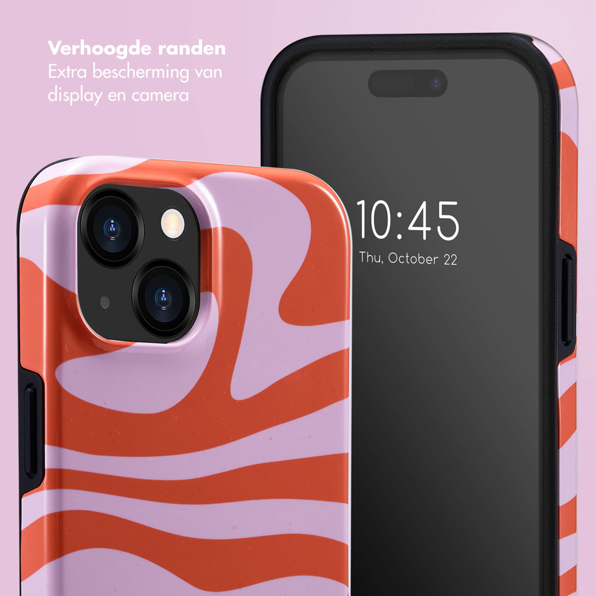 Coque de téléphone à motif tourbillonnant orange et rose avec un téléphone. Il est 10h45.