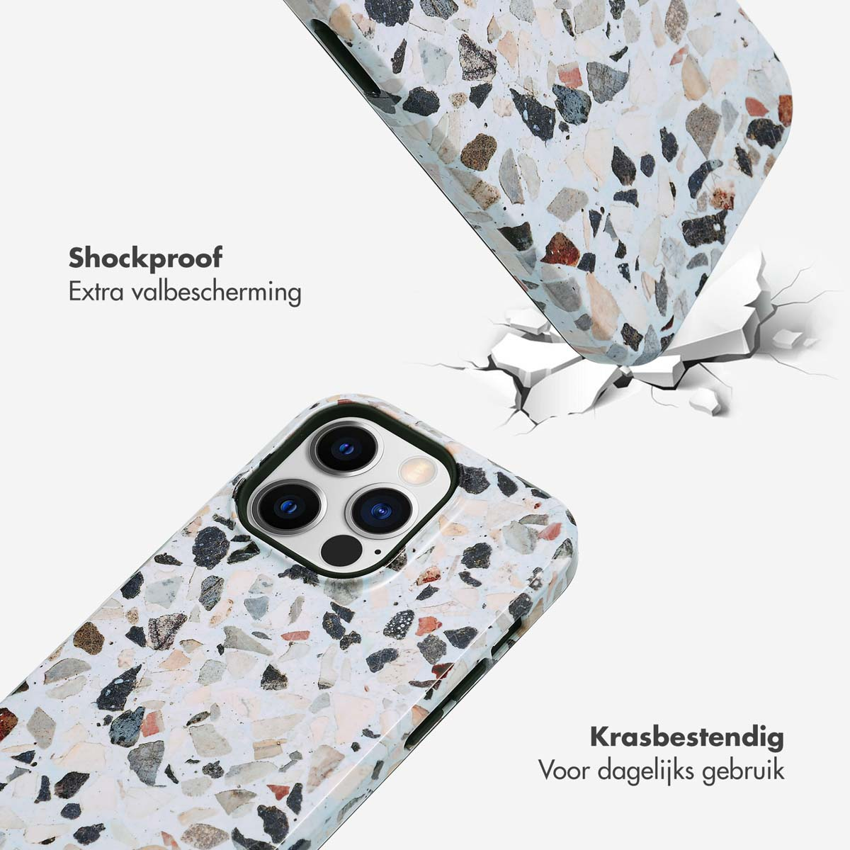 Coque de téléphone avec motif pierre se brisant contre une surface. Texte 'Antichoc' et 'Résistant aux rayures'.