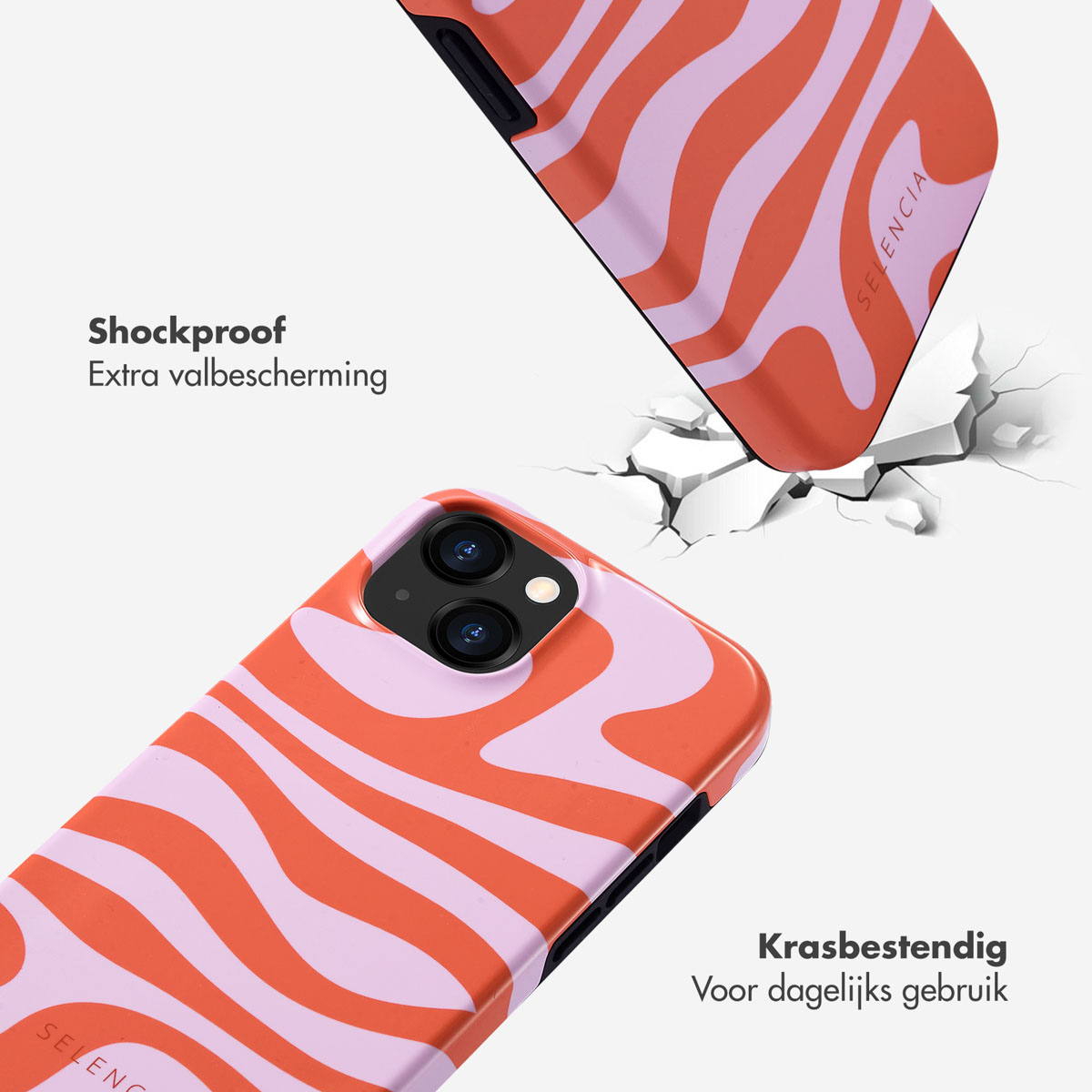 Coque d'iPhone orange et lavande tombant sur un sol blanc qui se brise.
