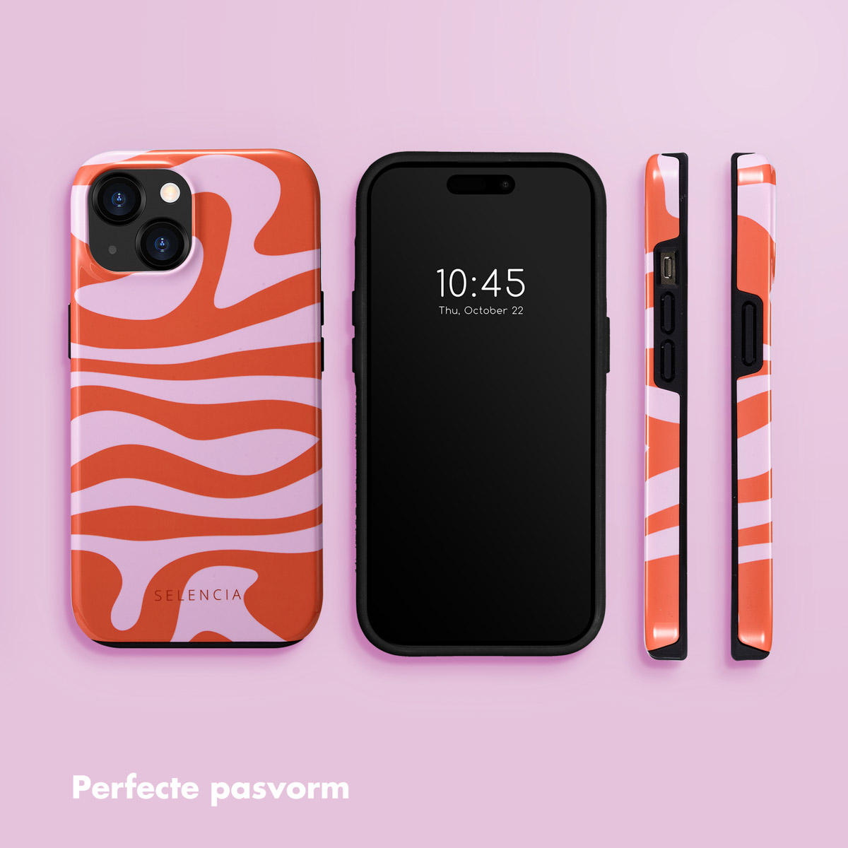 Un téléphone et des étuis avec des motifs ondulés orange et roses. Le téléphone affiche l'heure. Fond rose avec du texte en bas.