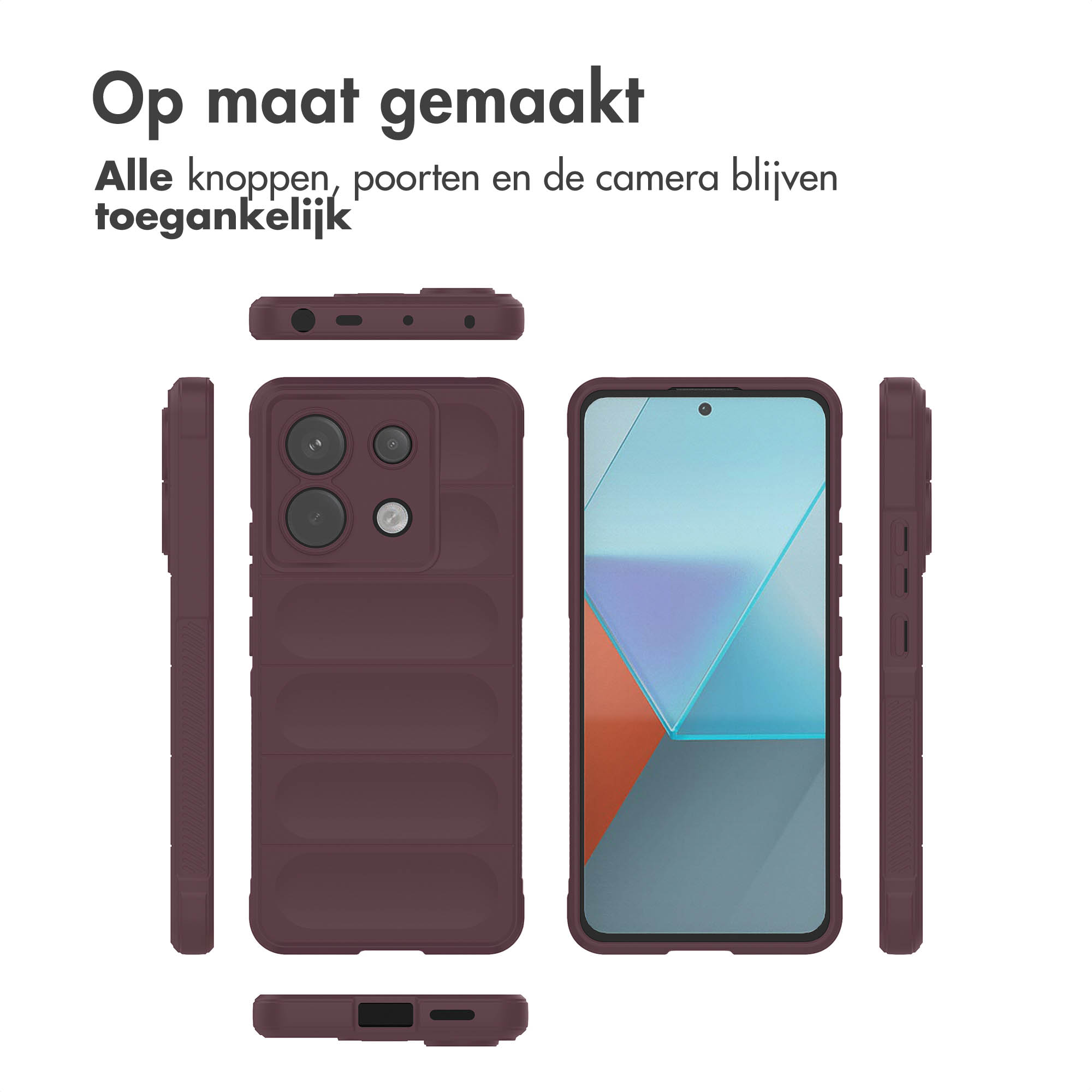 Paarse telefoonhoes met telefoon erin, verschillende hoeken. Tekst: 'Op maat gemaakt'.