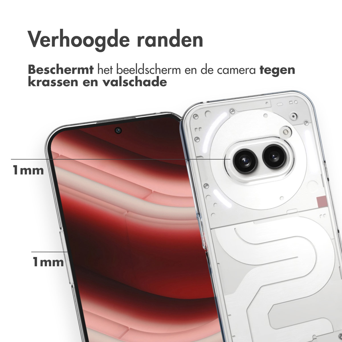 Custodia con bordi rialzati, che mostra 1 mm di altezza, proteggendo schermo e fotocamera dai graffi.