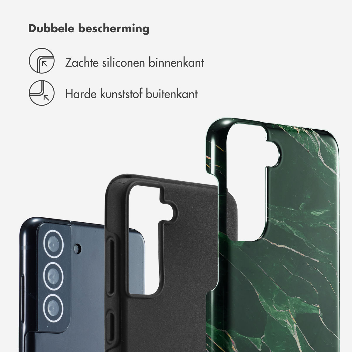 Tre custodie per telefono. Un telefono è visibile. Le custodie sono nere e marmo verde.