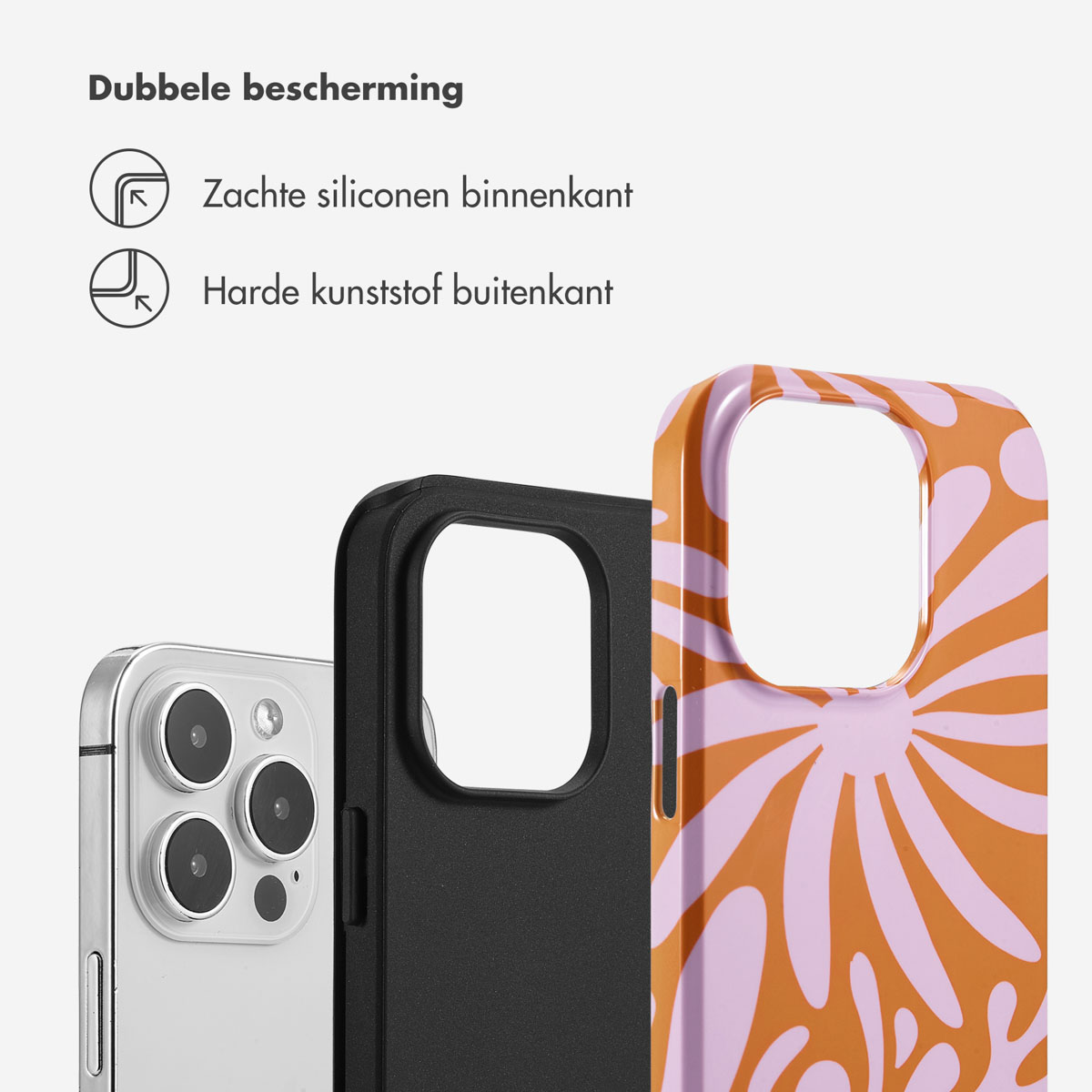 Drie telefoonhoesjes: een zilveren, een zwarte en een met patroon.