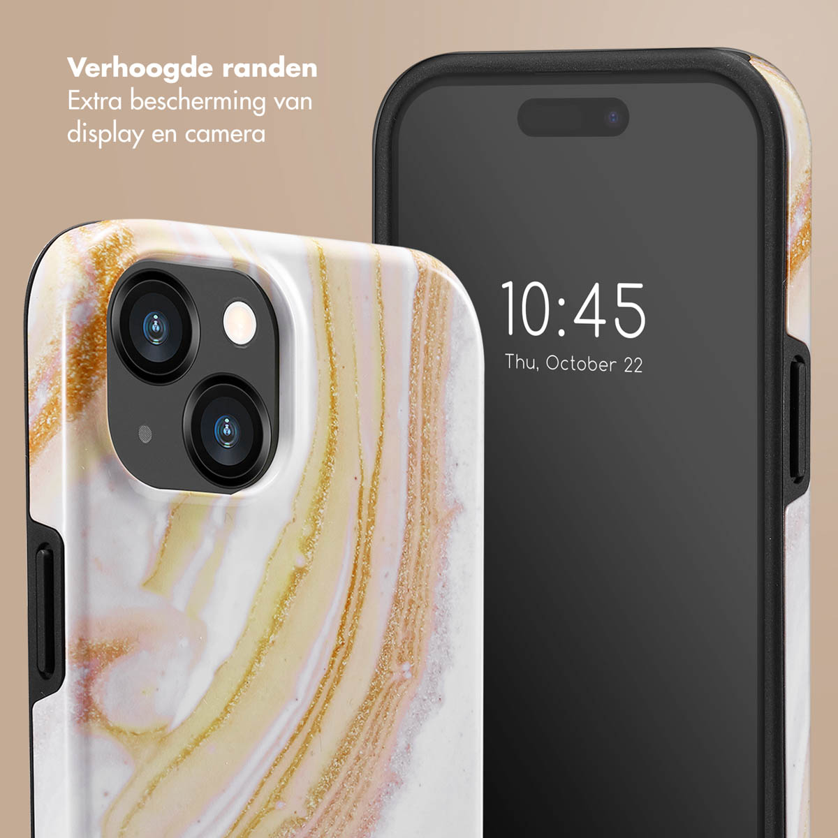 Gold and white marbled phone case with a phone inside. The time on screen is 10:45.