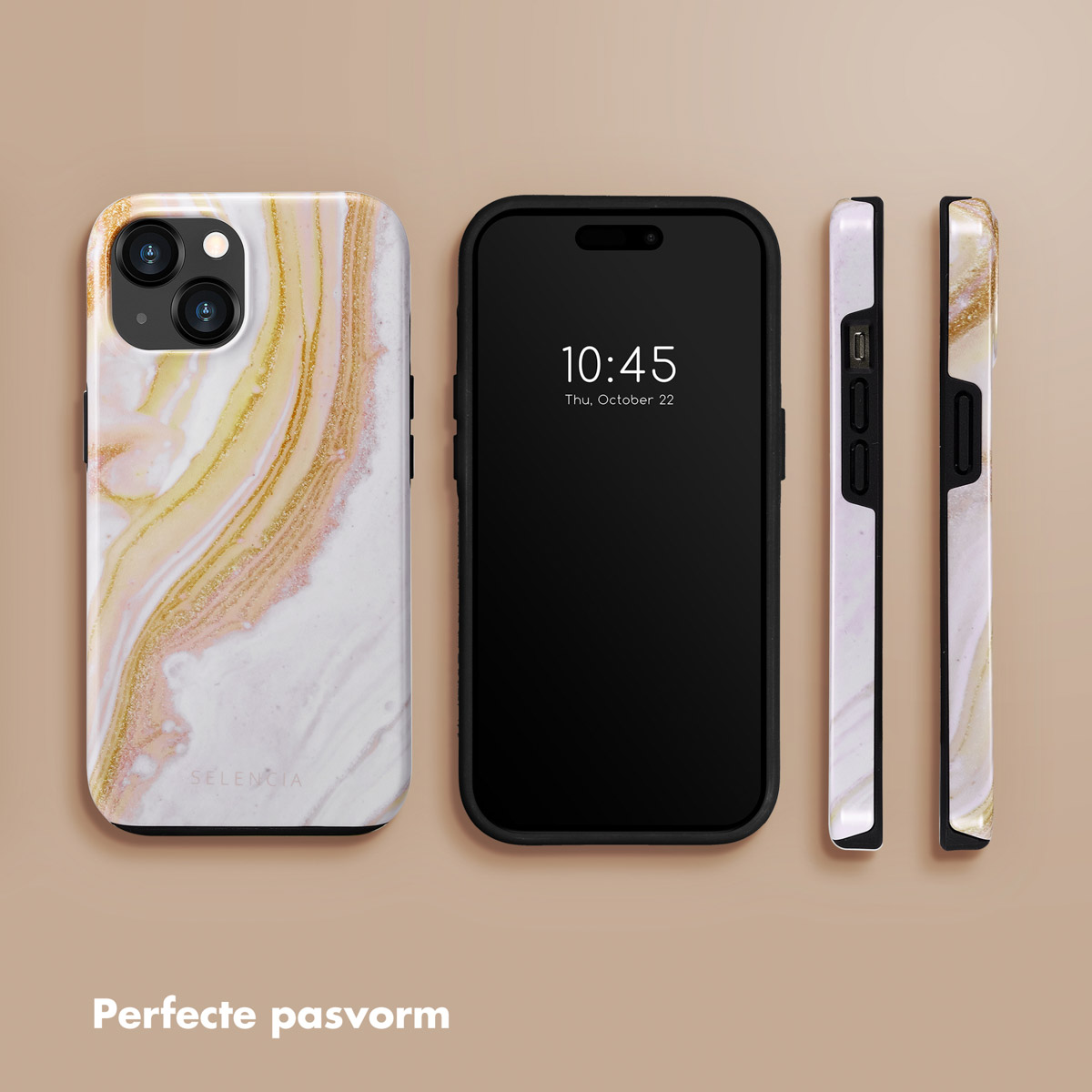 Phone with marble case, black phone, and two side views of the case against a tan background. The time is 10:45.
