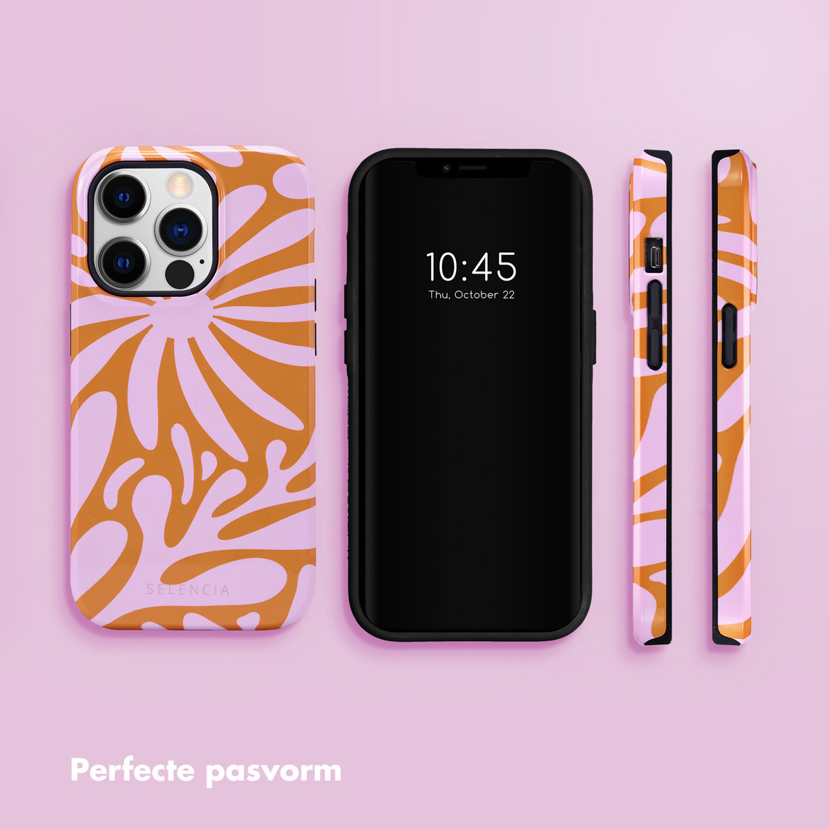 Een smartphone naast een telefoonhoesje met oranje en roze patroon.