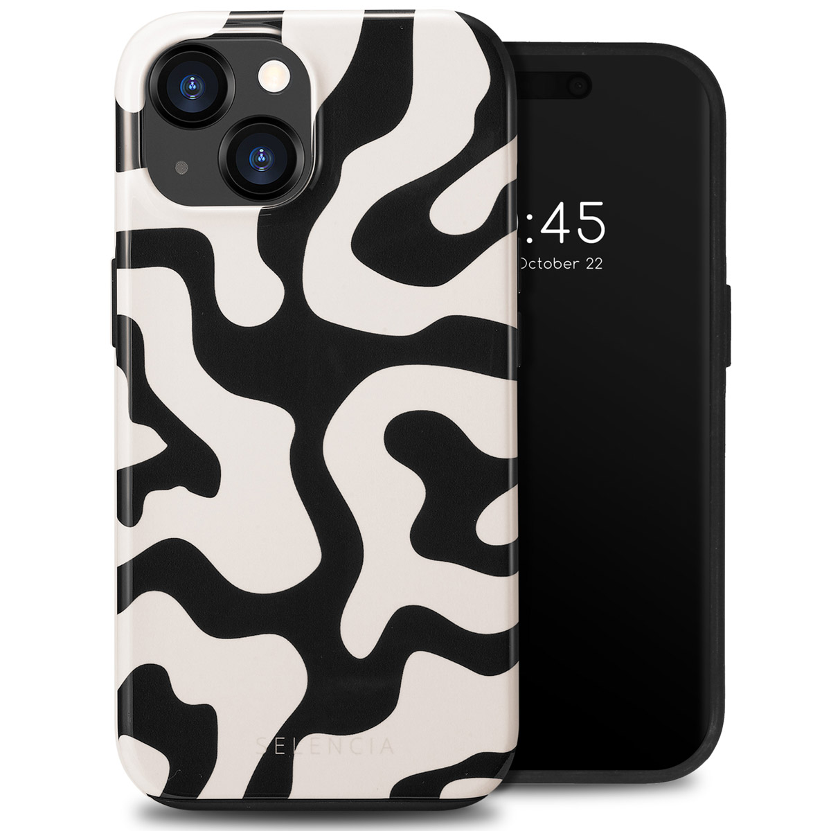 Coque de téléphone noir et blanc. Un téléphone noir affiche l'heure 0:45 le 22 octobre.