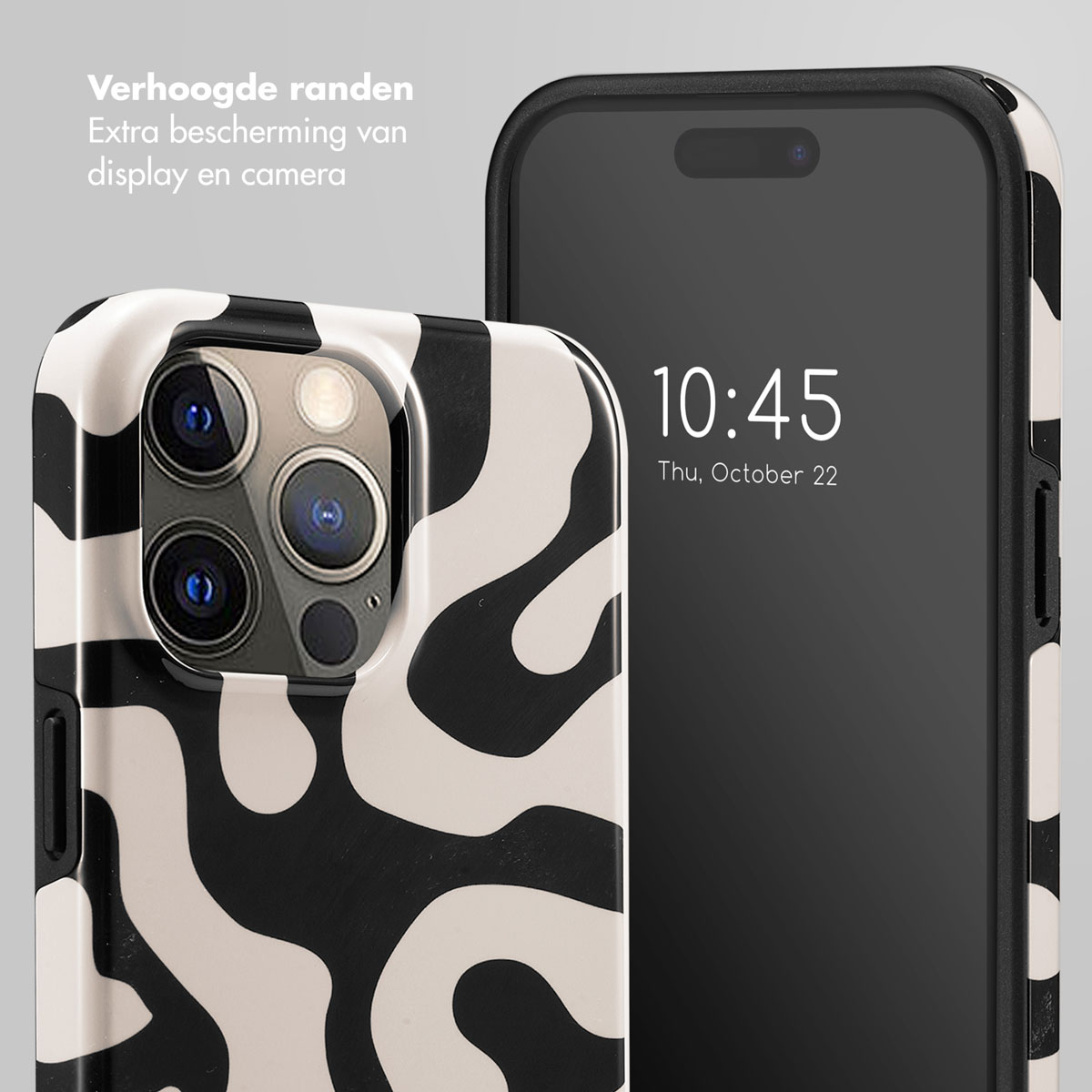 Un téléphone avec un motif noir et blanc et un appareil photo. L'heure est 10h45.