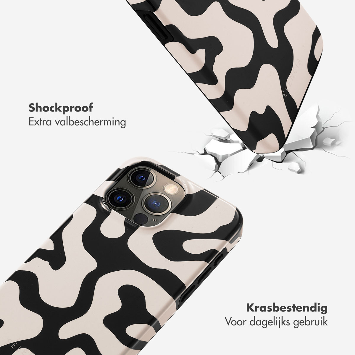 Coques de téléphone, motif ondulé noir et blanc, fissures d'impact. Une coque tombe.