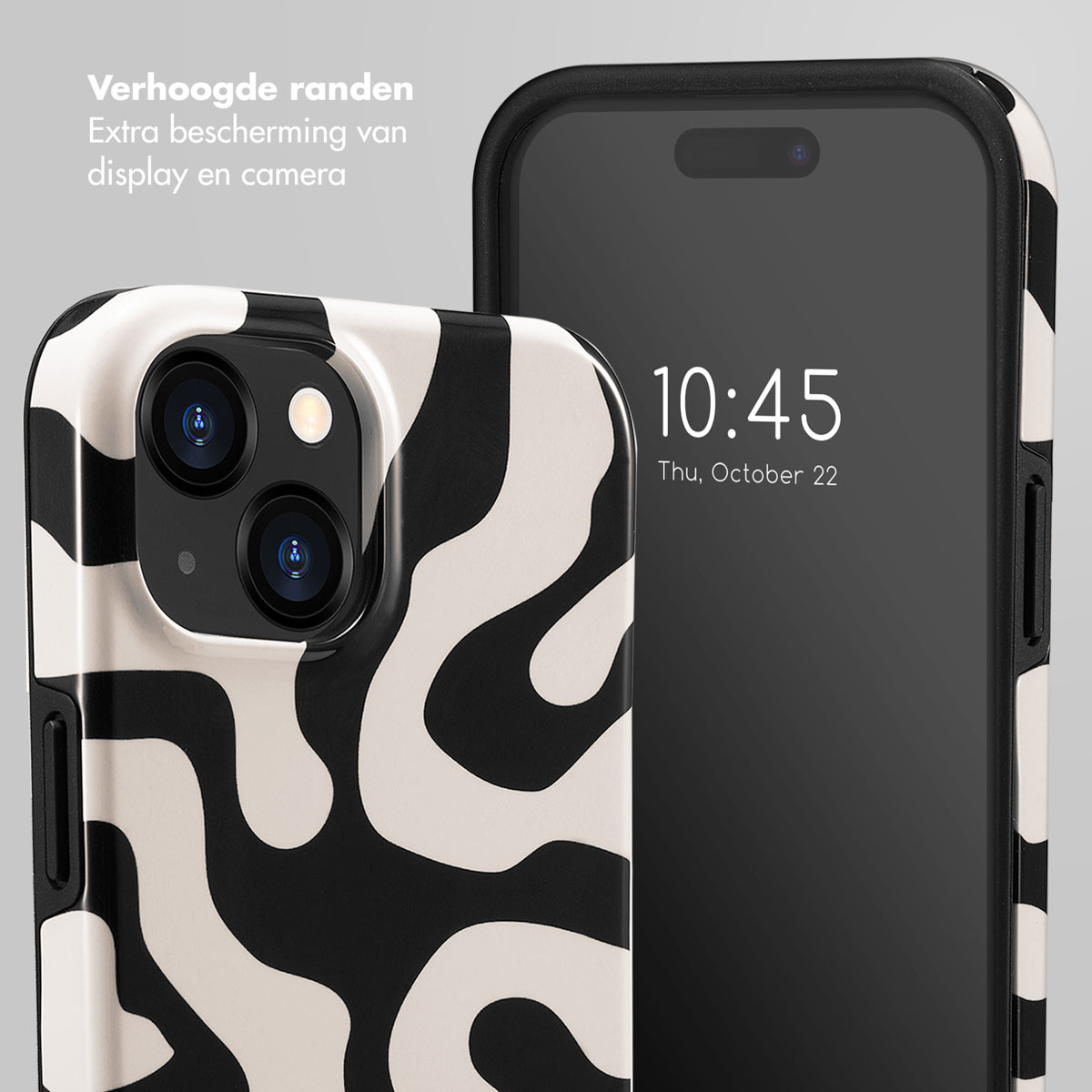 Coque de téléphone à motif noir et blanc, et un téléphone à écran noir.
