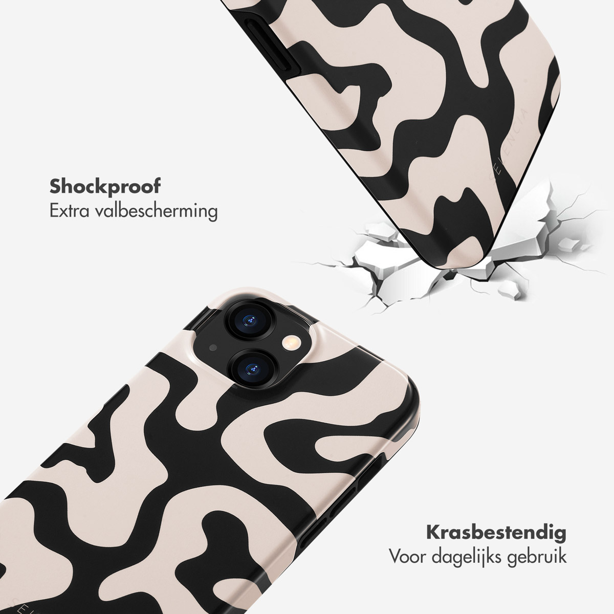 Coques de téléphone avec motif ondulé noir et crème. L'une se brise.