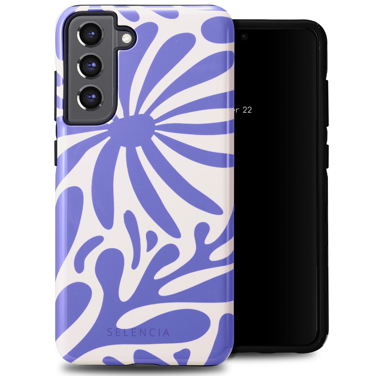 Telefono in una custodia con un design floreale bianco e viola e uno schermo nero del telefono.