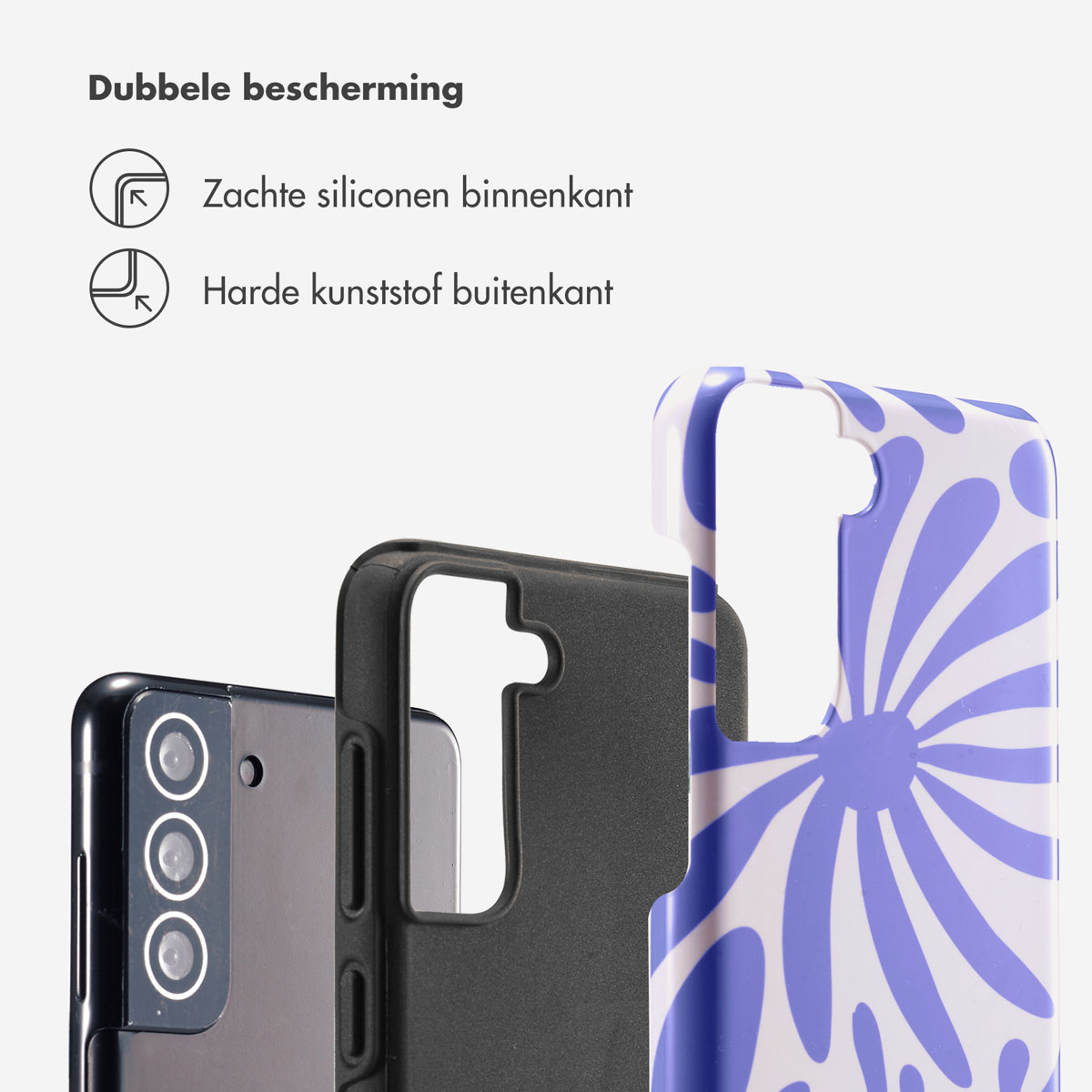 Custodia per telefono con strato interno nero e strato esterno con design floreale bianco e viola.
