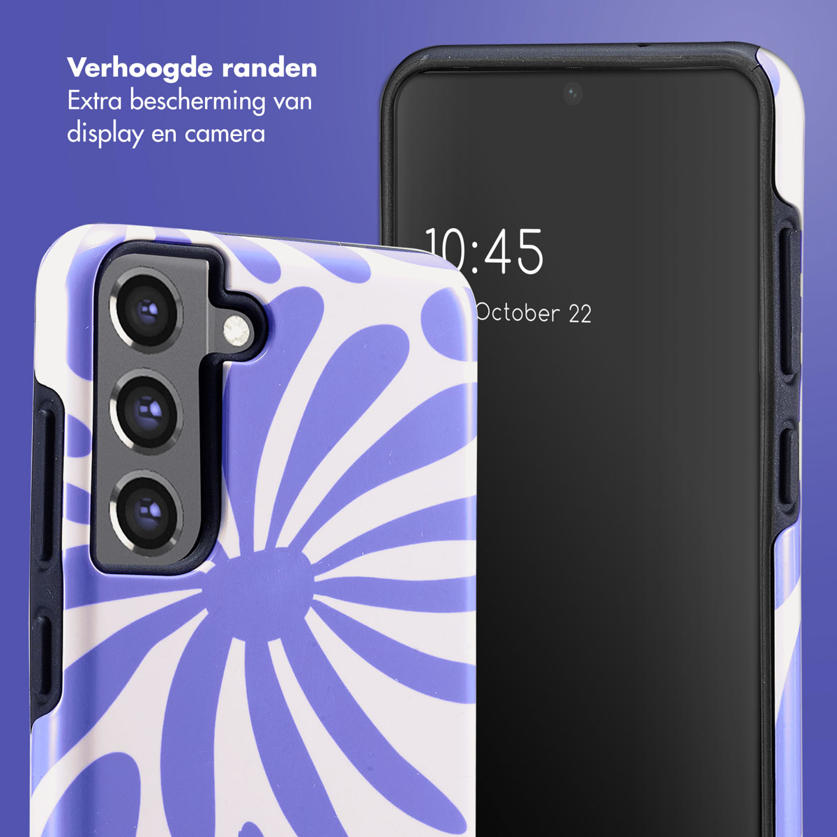 Telefono con custodia floreale, accanto a un altro telefono. Le custodie hanno un motivo viola e bianco.