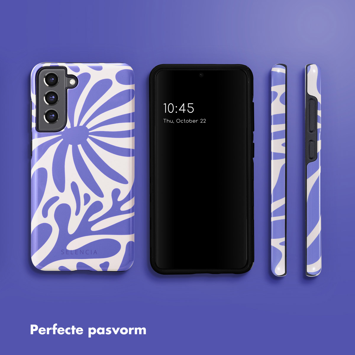 Telefono con custodia dal design blu e bianco. Lo schermo mostra l'ora. Diverse viste del telefono.