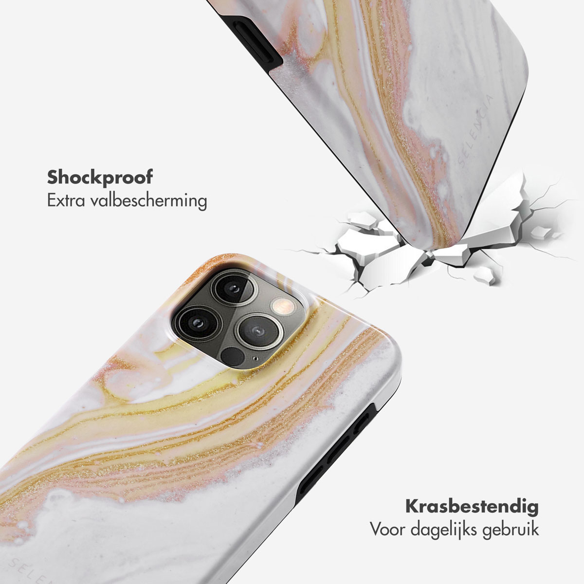 Deux coques de téléphone avec un design en marbre, l'une brisant une surface. Le texte dit 'Antichoc' et 'Résistant aux rayures'.