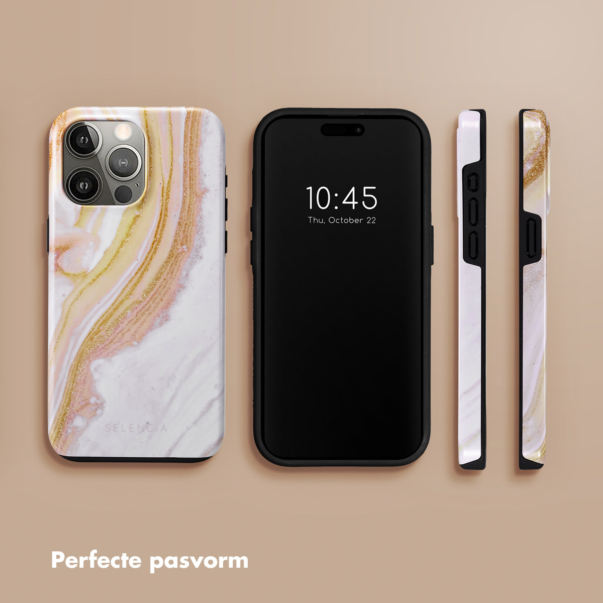 Un téléphone et des coques sont présentés. Le téléphone a un écran noir indiquant l'heure. Les coques ont des motifs marbrés.