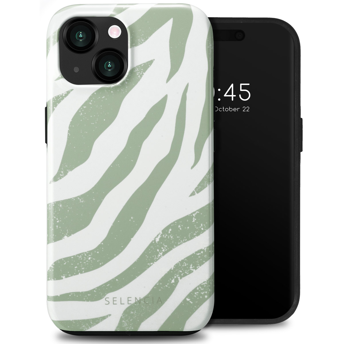 Coque de téléphone avec fond blanc et rayures zébrées vertes. Un téléphone avec écran noir.