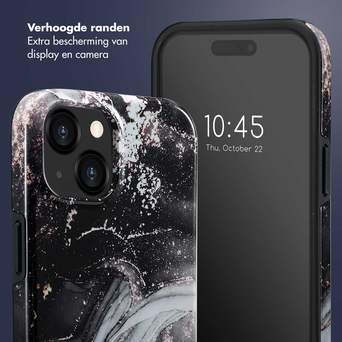 Un téléphone dans un étui à motif marbré affiche 10h45 sur son écran. L'étui est noir et blanc, et le téléphone est sur fond bleu.
