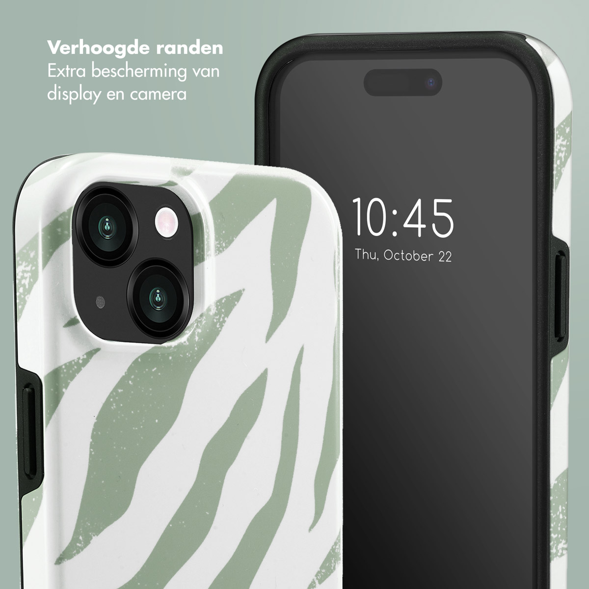 Coque de téléphone avec motif zébré blanc et vert. Le téléphone affiche 10h45.